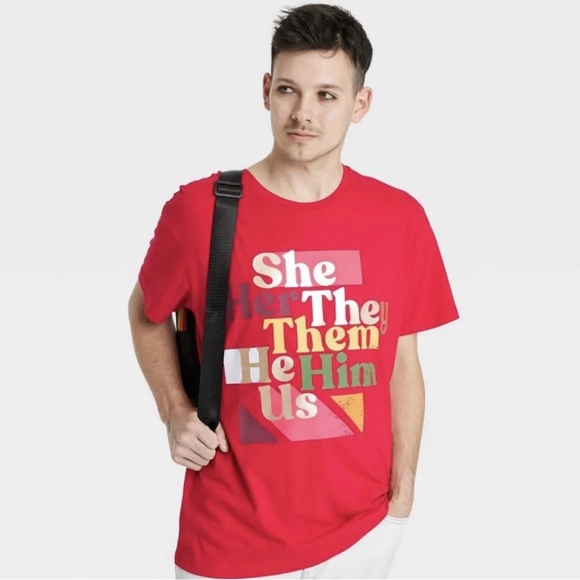 Take Pride Adult Tee Shirt - Pronouns Red size Medium - Picture 3 of 3